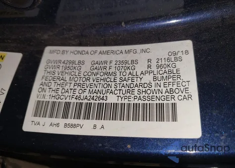 2018 Honda Accord Ex from USA, damaged, VIN 1HGCV1F46JA242643